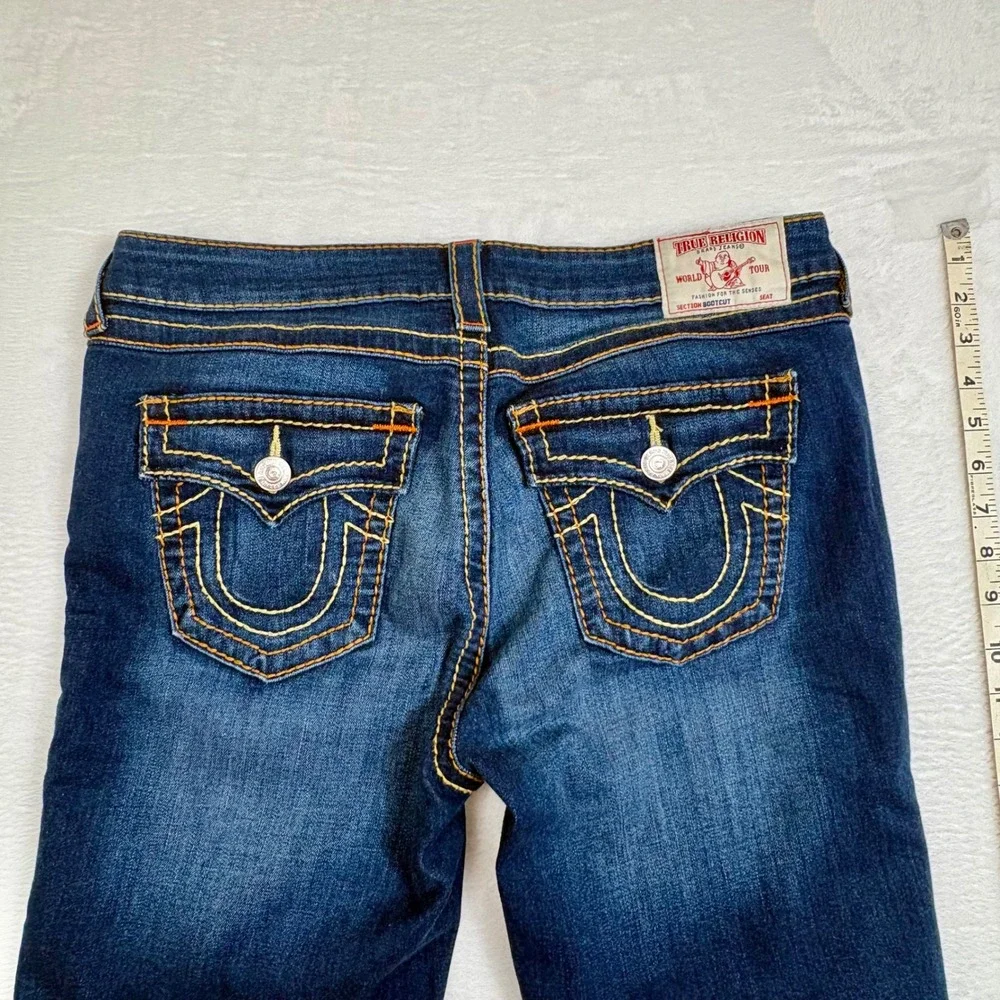 True Religion Mens Bootcut Jeans Dark Wash Orange Stitching Size 33 World Tour